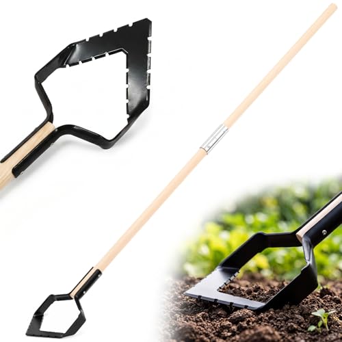 Leriton Push Pull Hoe Garden Weeding Tool with 53 Inch Wooden Handle Heavy Duty Carbon Steel Scuffle Hoe V Blade Cultivator for Deep Root Weed Removal