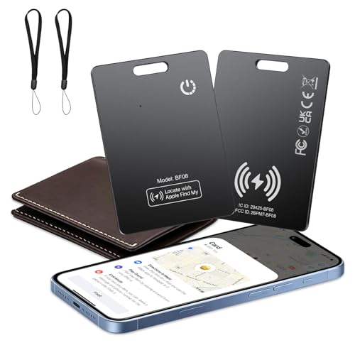 2 Pack Wallet Tracker Card [Apple MFi Certified] Air Tracker Tag (iOS only) IP68 0.11in Rechargeable Smart Card Work with Apple Find My Keys Finder and Item Locator for Passport Bags Laptop Black