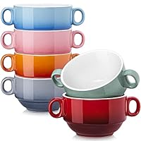 LOVECASA 420ml Suppentassen mit Henkel, 6-teilige Suppenschüsseln aus Steinzeug, Suppenschalen, Bouillontassen, Müslischüsseln, Bunt