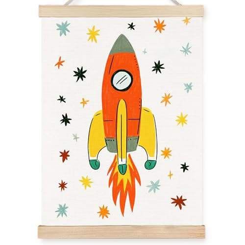 Image of PQKIY Retro Rocket Ship Space Nursery Wall Art Poster Hanger Frame 12x16 in, Mid Century Modern Spaceship Adventure Wall Decor Canvas Prints for Nursery Toddler Boys Kids Room Bedroom Playroom