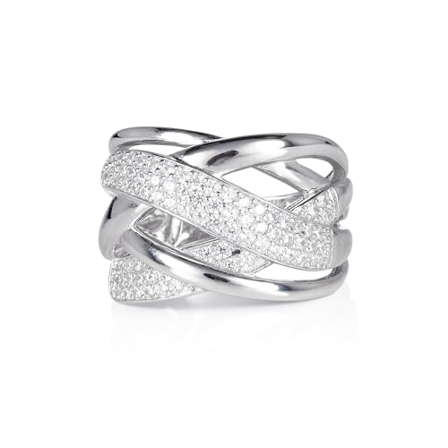 Bague large croisée femme argent 925抗过敏不掉色镶嵌锆石宽戒含礼盒