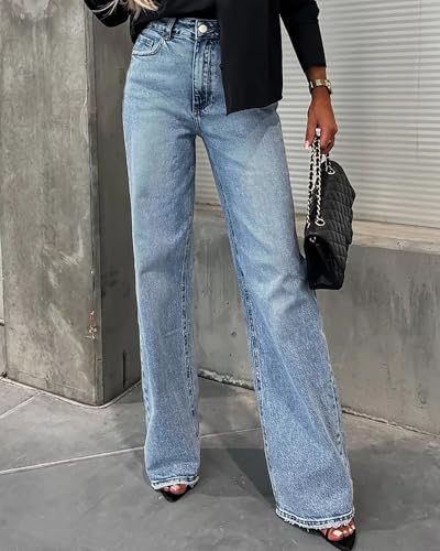 Women's Vintage High Waisted Stretchy Straight Leg Jeans Trendy Loose Washed Raw Hem Wide Leg Denim Pants2