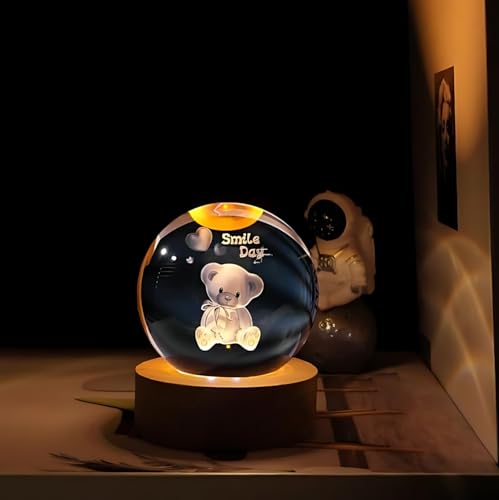 Image of 3D Crystal Ball Night Light with Wooden Base, Aesthetic Clear LED Lamp for Home and Bedroom Touch Switch, Warm Light for Kids and Teens Perfect Birthday & Anniversary (Teddy Lamp)