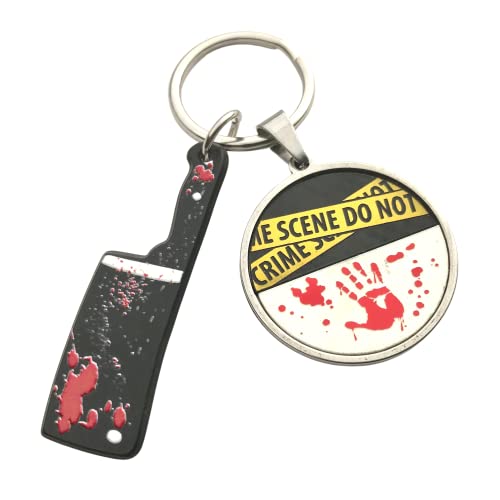 Crime Scene Tape Keychain with Blood Spatter and Cleaver Charm