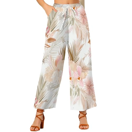 Womens Floral Print Casual Wide Leg Pants High Waisted Drawstring Beach Trousers with Pocket