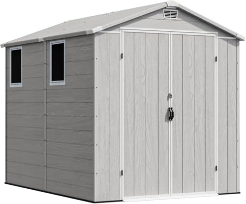 Image of Devoko 6x8 FT Plastic Storage Shed with Floor, Outdoor Resin Garden Shed with Window, Waterproof Tool Storage Shed with Lockable Door for Backyard, Patio, Lawn, Light Gray