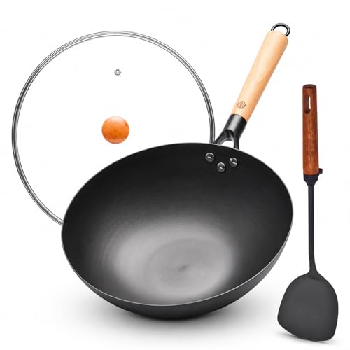 WANGYUANJI 12.6 Inch Carbon Steel Wok Pan with Glass Lid and Spatula Nitrided Flat Bottom Wok Set Uncoated Stir Fry Pan for 2-4 Servings Gas Electric Ceramic and Induction Cooktops