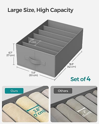 Image of SONGMICS Set of 4 Large Size Wardrobe Clothes Organizers, Dove Gray | 6-Compartment Foldable Drawer Organizers with Handles, 16.5 x 11.8 x 6.7 Inches, for Pants, Sweaters, Jeans URUS009G04