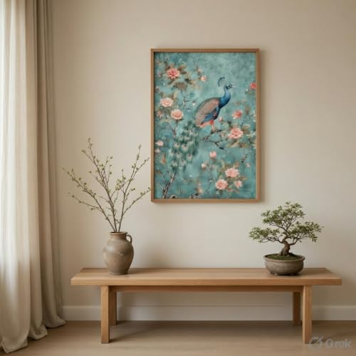 Image of Livin'luxe Elegant Peacock Floral Wall Painting with Wooden Frame | Vintage Bird Artwork HD UV Laminated MDF Wall Decor | Botanical Peacock Art for Living Room Bedroom Office Home Decoration