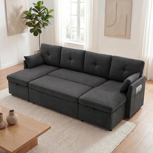 Image of Huatean Home Oversized Sleeper Sofa Couch, 100 inch 2 in 1 Pullout Couch Bed with Side Pockets for Living Room, Sectional Sleeper Sofa Bed with Double Storage Chaise, Black