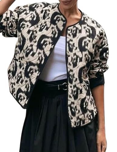 Yimoon Women's Cropped Quilted Puffer Jacket Floral Print Lightweight Padded Coat Vintage Button Down Puffy Outwear