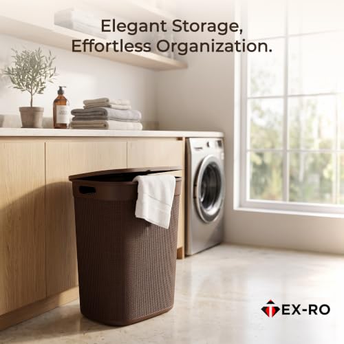 Image of TEX-RO 55L Laundry Basket with Lid, Brown Plastic Clothes Storage Basket with Handles, Large Dirty Clothes Hamper for Laundry, Bathroom & Bedroom, Multipurpose Storage Basket for Home