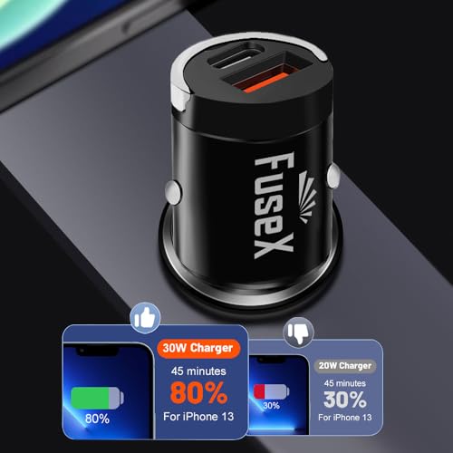 Image of FuseX 30W Fast Car Charger | USB-C PD + USB-A Fast Charging Adapter | Dual Port Car Mobile Charger for iPhone 17 /16 /15 /14, Samsung, OnePlus, Android Devices | 12V /24V