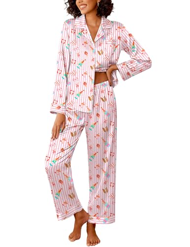 Image of Ekouaer Womens Silk Satin Pajama Sets 2 Piece Sleepwear Pjs Set Long Sleeve Button Down Top and Pants Stripe Loungewear S-XXL