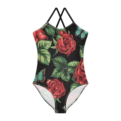 senya Girls Swimsuits Red Rose Butterflies One-Piece Swimwear Quick Dry Girls Bathing Suits for 3 Years Old