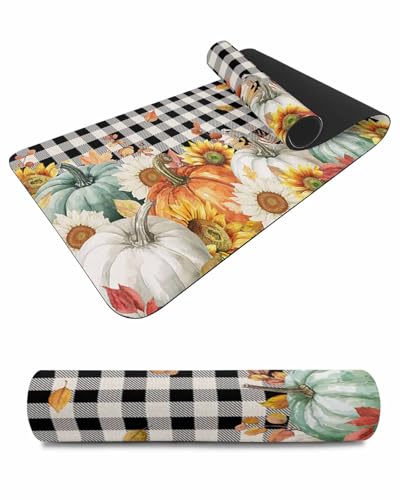 Debedcor Heat Proof Table Pads Waterproof Decorative, Thanksgiving Non-Slip Table Countertop Protector, Fall Sunflower Pumpkin Leaves Plaid Insulation Mat for Dining Room, 48 x 12 Inches