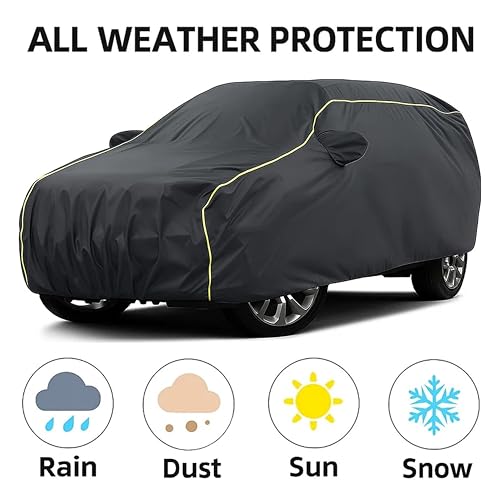 Image of Sulfar 100% Water Resistant Car Body Cover Compatible with Mirror for Hyundai Aura (Triple Stitched, Full Bottom Elastic, Dark Grey Taffeta with Yellow Piping)