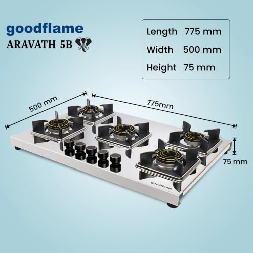 Image of goodflame Aravath 5 Burner Stainless Steel Gas Stove for Kitchen | Heavy 2MM SS Body | Brass Burners | 2 Year Warranty | ISI Certified | Manual Ignition | LPG Ready and PNG Compatible, (Silver)