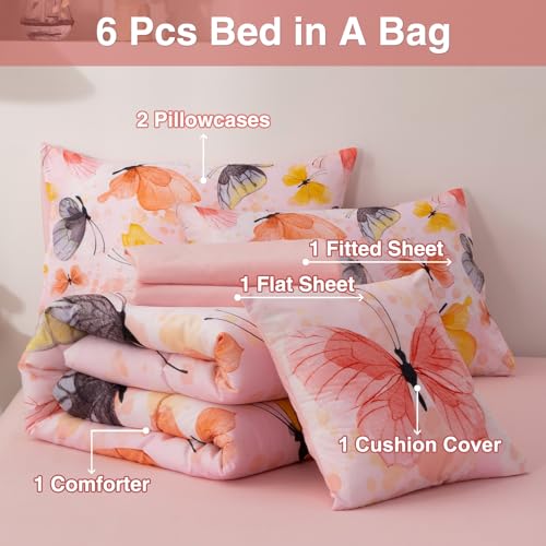 Image of A Nice Night 6pcs Bed in A Bag Watercolor Ink Wash Tie-Dye Butterfly Printed, Butterflies Bedding Comforter Set, Orange Full