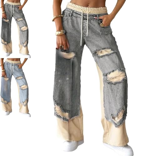 Women's Denim Trousers with Stitching and Ripped Design,Patchwork High Waisted, Casual Retro Loose Drawstring Ripped Jeans