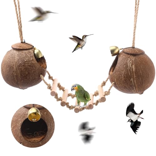 Image of Briwooody Coconut Shell Bird Nest House Breeding Bed Nestingand Anti-pecking Bite with Natural Coir Fiber Bird Nest Toy Bell for Parrot Budgie Parakeet Cockatiel Conure Lovebird Canary Finch (Stylish)