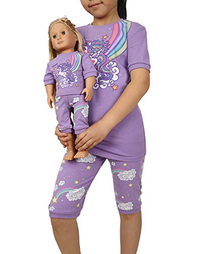HDE Girls Pajamas - Pajama Set with for Girl with Matching Doll Outfit - 100% Cotton, Breathable Kids PJ Sets with Cute Unicorn Design - Doll Pyjamas Fit American Girl & 18 Dolls Purple Dream Unicorn - 12