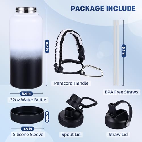 Image of Insulated Water Bottle, 32 oz Stainless Steel Wide Mouth Water Bottles with 2 Leak Proof Lid and Paracord Handle, Double Wall Vacuum Insulated Sports Water Bottle, White Black