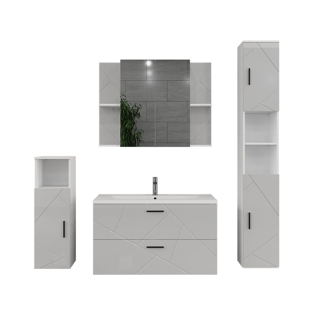Vicco Set di mobili da bagno Irma, Bianco/bianco lucido, 100 cm, composto da mobile sottolavabo, lavabo, pensile, colonna e mobile medio