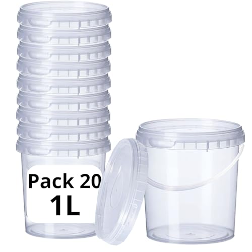 GROWMANIA Pack x20 Cubo Plástico 1L Transparente con Asa – Tupper Hermético Apto para Alimentos, Líquidos y Pintura - Bote Almacenamiento – Tarro Contenedor Resistente