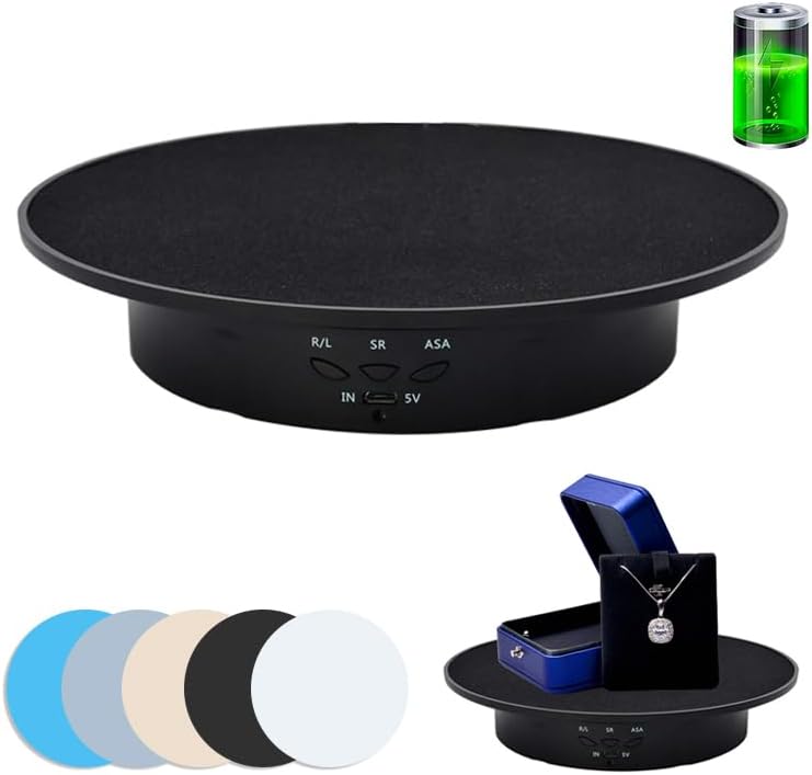 JAYEGT Motorized Rotating Display Stand, 20CM /Load 8KG, 360 Degree Electric Rotating Turntable for Photography Products, Jewelry, with 5 Colors Backgrounds,Battery/USB Power Supply-Black