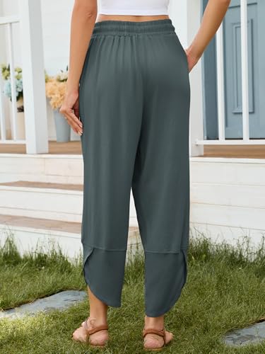 Womens Linen Baggy Wide Leg Pants Drawstring Elastic Waisted Casual Harem Palazzo Trousers with Pockets4