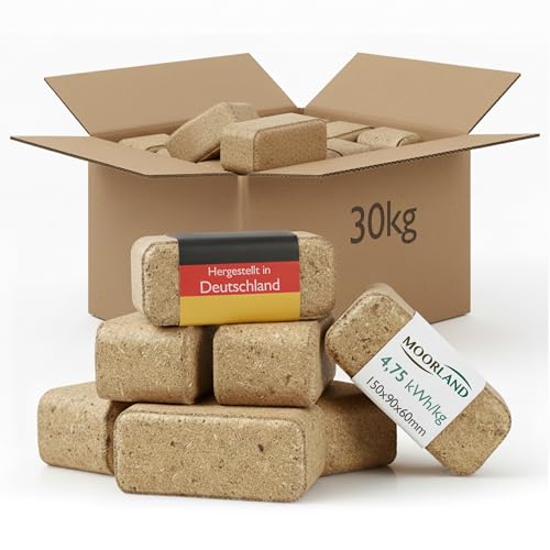 Moorland Holzbriketts 30kg hoher Heizwert nachhaltig & CO-neutral Kaminbriketts 100% naturbelassenes Holz ohne Zusätze Brennholz gepresst Made in Germany Briketts Kamin Ofen & Grill
