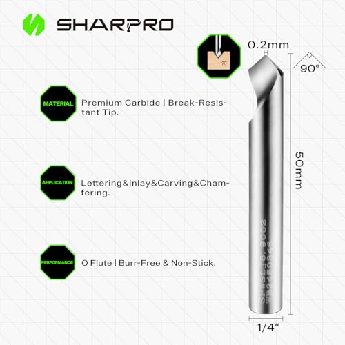 Image of Chamfer Router Bits V Groove O Flute Spiral Router Bit 90 Degree 1 /4 Inch Shank CNC Carbide V-bit for Engraving and Chamfering Lettering, Ideal for Wood, Acrylic and PVC