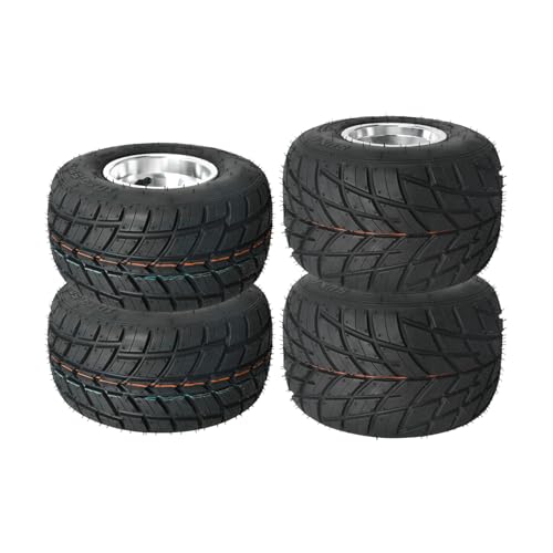 Fuerduo Front 10x4.50-5 and Rear 11x7.10-5 Rain Road Tires, Go Kart Tires and Rims Aluminum Hubs, Tubeless Tire for Racing Kart Quad Drifting Mini Bikes (32mm/42mm Offset Hub, 5-Inch, 3 Holes, 4pcs)