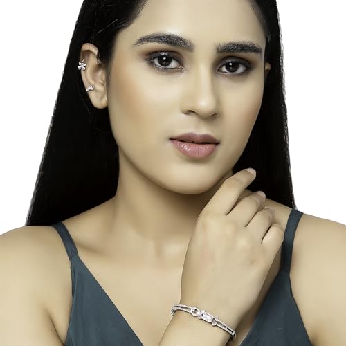 Image of ZENEME Rhodium-Plated American Diamond Studded Flower Patterned Kada Bracelet For Girls and Women