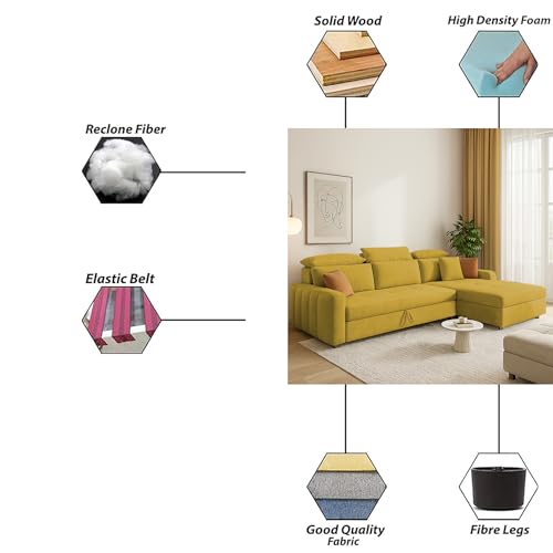 Image of Casaliving Gagnon RHS 4 Seater L Shape Corner Sofa Cum Bed for Living Room (Yellow Fabric) Premium Fabric Sofa