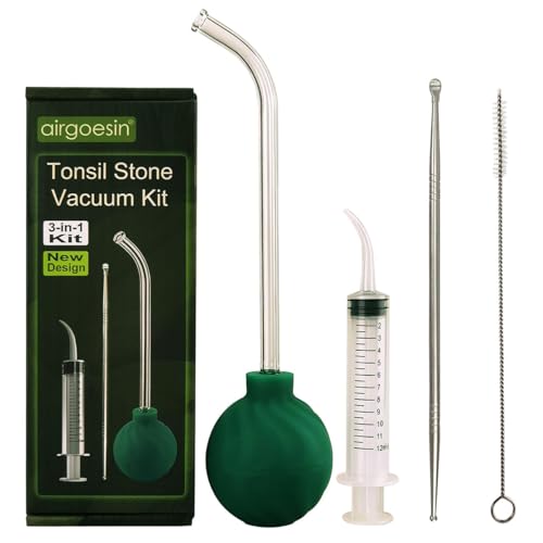 Airgoesin 3-In-1 Tonsil Stone Removal Remover Kit, Tonsil Stone Vacuum Suction Kit, Long Tonsil Stone Stainless Steel Pick 18cm/ 7” with Protection Cap, Curved Oral Irrigation Syringe 12ml with Scale
