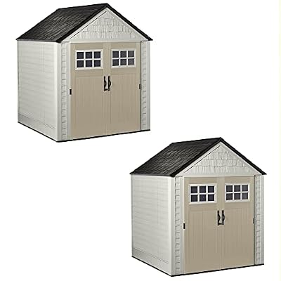 Rubbermaid 7 by 7 Feet Durable Weatherproof Plastic Outdoor Storage Shed for Garden Tool and Lawn Machinery Organization, Sandstone, 2 Pack