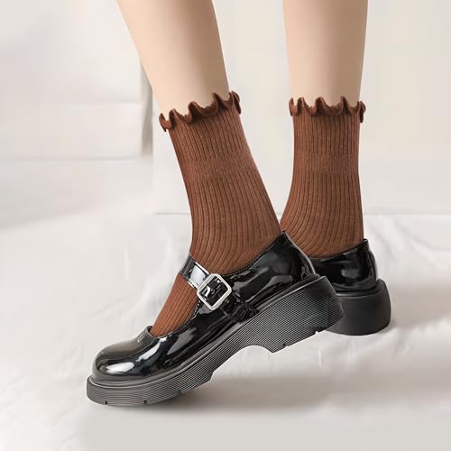 Image of DQCUTE Women's Ruffled Ankle Boot Socks - Soft Knit Cotton Lettuce Trim Crew Socks for Teen Women 6 Pairs
