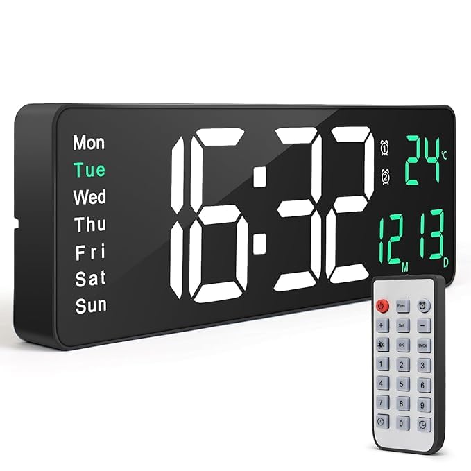 Image of LED Digital Wall Clock Hanging, Auto-Adjustable Brightness, Easy to Read at Night12 /24Hr Auto-Adjustable Brightness Temperature,for Bedroom,Living Room,Office. (Green-White)