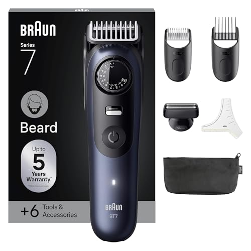 Braun Tondeuse A Barbe Homme Series 7, BT7520, Bleu, + 6 Outils de Barbier, 40 Longueurs, Lame Inusable Pour Un Rasage Professionnel, Kit Tondeuse Electrique Sans Fil, 2 Sabots et Pochoir A Barbe