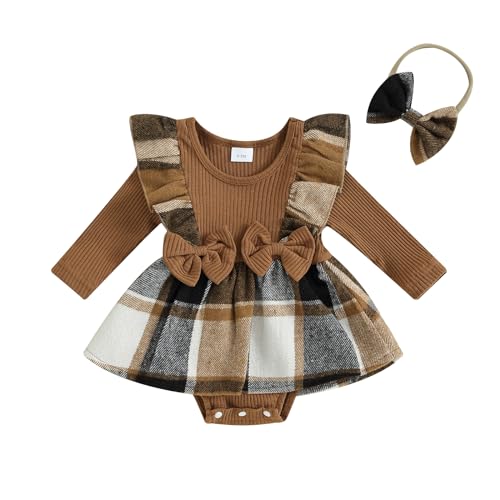 Image of Newborn Baby Girl Fall Winter Outfit Set Plaid Romper Dress Ruffles Long Sleeve Clothes Jumpsuit with Bow Headband