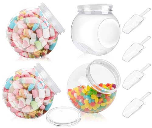 Akamino 4 Sets Plastic Candy Jar with Lid, 46 Oz Clear Candy Containers with Plastic Scoop,Decorative Cookie Jar Dry Food Storage for Snacks CandyBuffet, Kitchen Counter,Party Table