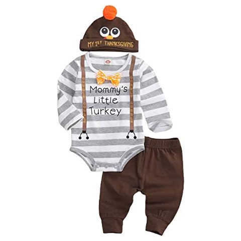 YCYU Newborn Baby Boys Girls Thanksgiving Outfits Turkey Romper Pants Hat 3Pcs My 1st Thanksgiving Clothes Set (Brown, 9-12 Months) Cover