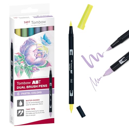 Tombow ABT-6C-2 Lot de 6 Feutres pinceau à 2 pointes, couleurs pastel