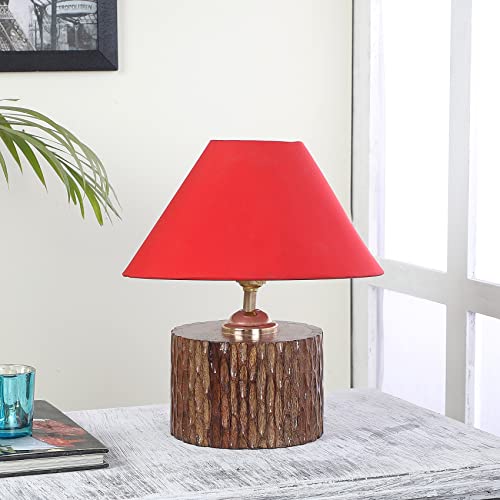 Image of tu casa Table Lamps with Mango Wood Base & Red Cotton Shades for Home Decor, Bedrooms, Living Room, Gifting, Diwali Decoration, Dining Space, Study Room, Hall (Height- 29cm) - Bulb not Included