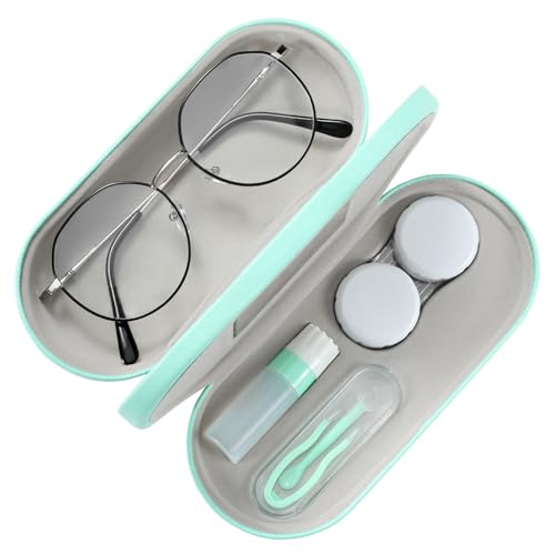 Image of MoKo Double Eyeglass Case, Contact Lens Case with Mirror Tweezers Remover, 2 in 1 Double Sided Portable Contact Lens Box Holder Container Soak Storage Kit Sunglasses Pouch for Men & Women, Green