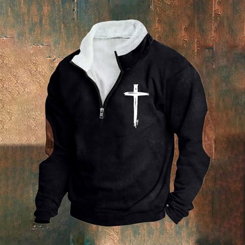Mens Fleece Quarter-Zip Cadet Collar Sweatshirt Cross Jesus Christ Christians Muscle Tops Elbow Patch Sweater2