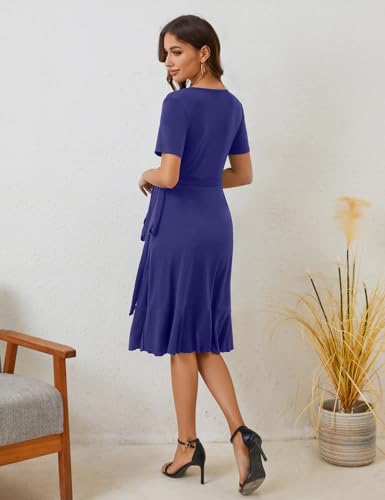 MIDNIGHTSUN Women's Wrap Dress V Neck Short Sleeve Waist Tie Ruffle Split Midi Casual Dress3