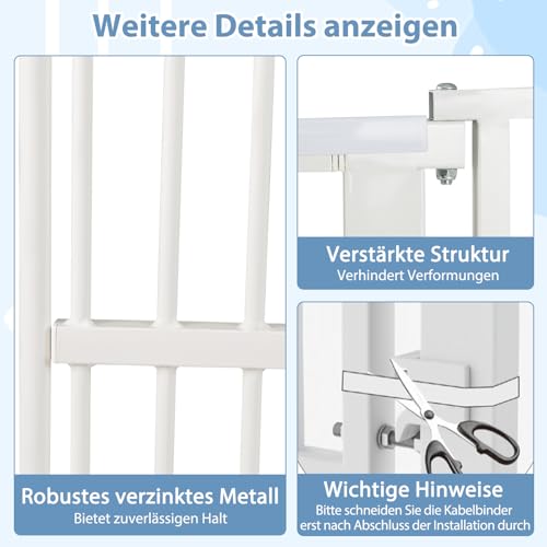 COSTWAY Türschutzgitter Hunde, Absperrgitter ganz hoch, 77-104 cm x 150 cm, Schutzgitter mit Kleiner Tür, 2 Erweiterungen, Türgitter ohne Bohren, Hundegitter ausziehbar, Sicherheitsgitter Metall, Weiß
